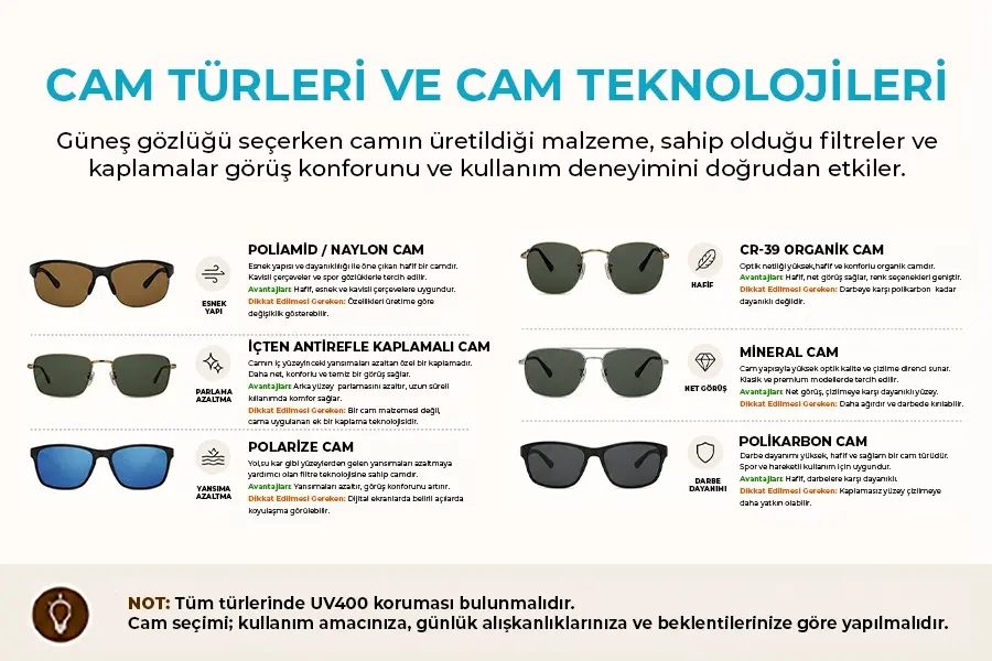 Güneş Gözlüğü Camı Seçerken Bilmeniz Gereken Her Şey: En İyi Cam Nasıl Seçilir? UV400, Polarize, CR-39 ve Cam Teknolojileri